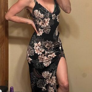 Elegant Floral Black Dress with Slit